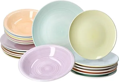 Imagen del producto de Juego de vajilla de cerámica colorida para 6 personas: 6 platos llanos, 6 platos hondos y 6 platos de postre