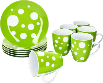 Produktbild von Pula grün 12tlg Frühstücksset Porzellan gepunktete Teller Becher