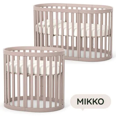Obrázek produktu pro Oválná rostoucí přístavná dětská postýlka Mikko Gekko 2 v 1 – kolébka o rozměrech 90×70 cm a postýlka 140×70 cm. Cappuccino.