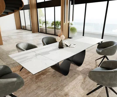 Produktbild von DELIFE Esstisch Edge 200-300x100 cm Keramik Laminam® Statuarietto Weiß Infinity Metall Schwarz ausziehbar