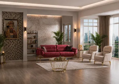 Image de Ensemble salon : canapé 3 places, 2 fauteuils, couleur beige, style moderne et minimaliste