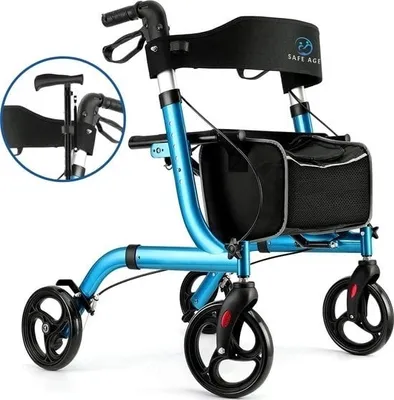 Produktbild von Safe Age Rollator: Leicht und faltbar – mit Sitzfunktion – für drinnen und draußen – inklusive Rückenlehne und Gehstockhalter