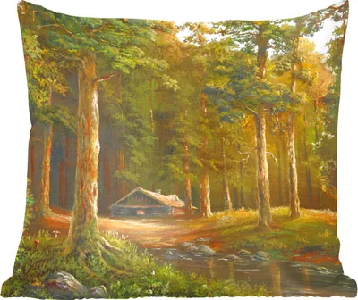 Produktbild von MuchoWow® Zierkissen Sofakissen Wohnzimmer Dekokissen 50x50 cm Eine Illustration einer Hütte in einem Wald - Komfort - Sofakissen