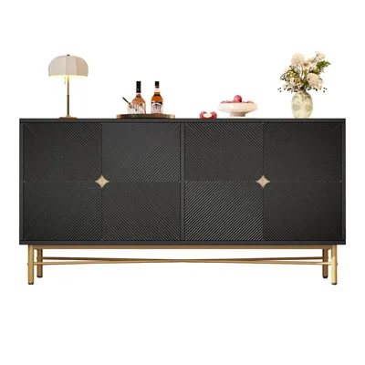 Produktbild von Sideboard mit Erhabener Textur 160cm, Schrank mit Vier Türen Goldene Gebürstete Griffe und Hochglanz Tischbeine, Schwarz, 160×40×82cm