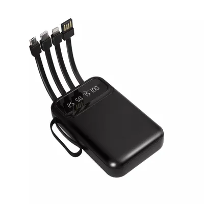 Produktbild von 30000mAh Power Bank mit 4 Kabeln, 2.1A Fast Charging, LED Display, USB-C, Micro-USB, Lightning, Externer Akku Schwarz