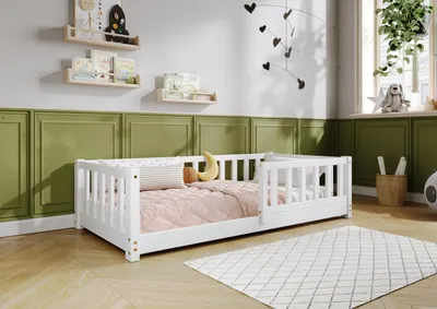 Produktbild von TIMBEE LENA Kinderbett Holz Kinderzimmer Bett - Weiß - 100x200cm - 3cm Beine