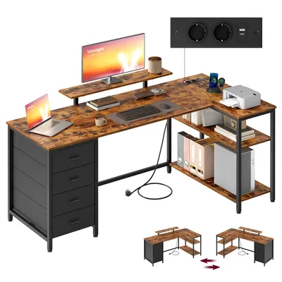 Obrázek produktu pro VASAGLE Rohový psací stůl ve tvaru L s USB porty, počítačový stůl, 2 police, 4 zásuvky, 160 x 80 cm, hnědý