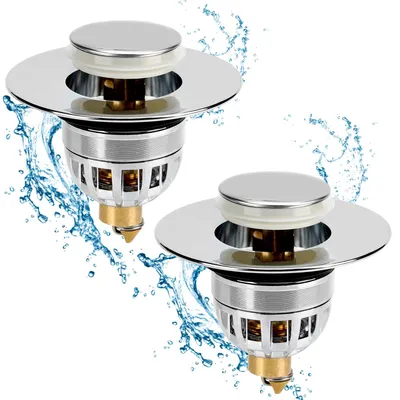 Produktbild von Set mit 2 Abflussstopfen für Abflusslöcher von 34-40 mm, Edelstahl-Abflussstopfen mit Messingkern, universelle Badezimmer-Abflussstopfen, Edelstahl mit Dichtungsring.