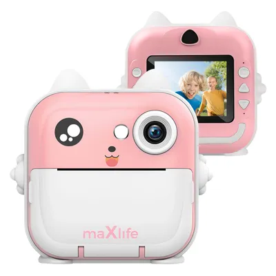 A pink and white instant print camera designed to look like a cartoon cat, shown from the front and back.