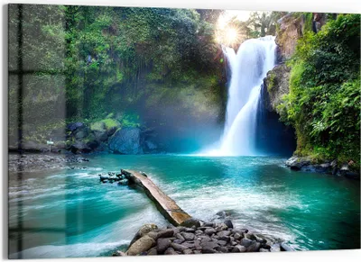Produktbild von DEQORI Glasbild Echtglas 90x60 cm 'Tegenungan Wasserfall' Wandbild Bild modern Deko