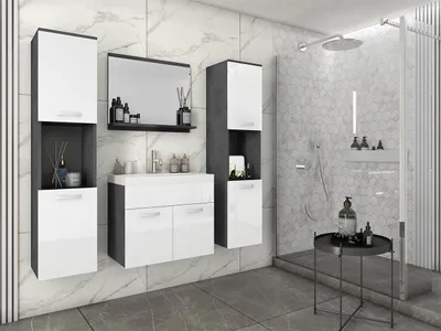 Obrázek produktu pro Koupelnová sestava s umyvadlem ZORAIDA XL - matera / lesklá bílá + baterie Economico