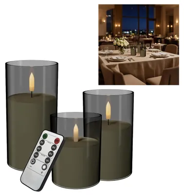 Productafbeelding van VA-Cerulean LED-kaarsen, set van 3, matgrijs – flikkerend, met afstandsbediening en timer, diameter 7,5 cm, geschikt voor tafel, plank en in huis