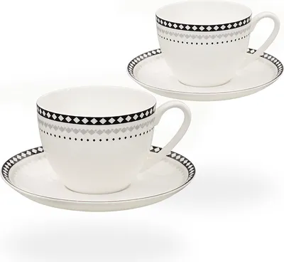 Produktbild von Buchensee Teetassen / Kaffeetassen Porzellan, 2 Tassen je 210ml, Rautendeko, Fine Bone China