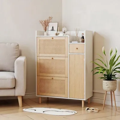 Obrázok produktu pre Skriňa na topánky – drevená úložná skrinka – hnedá MDF – 90x125x17 cm – s výklopnými dvierkami