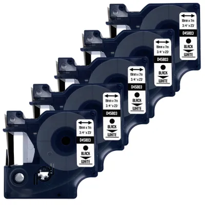 Produktbild von DULA Etikettenband - Kompatibel mit Dymo D1 45803 - 5 Stück - Schwarz auf weiß - 19mm x 7m