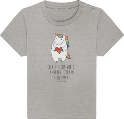 Produktbild von Mr. & Mrs. Panda  T-Shirt Einhorn Herz 0. - 6. Monat - Heather Grey - Geschenk, Baby Baumwollshirt, Kleinkind, Jerseyshirt, Unicorn, Babyshirt, Freundin, Einhörner