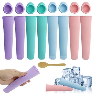8er Set Silikon-Eisformen, je 100 ml, BPA-frei, mit Deckel & Holzstäbchen