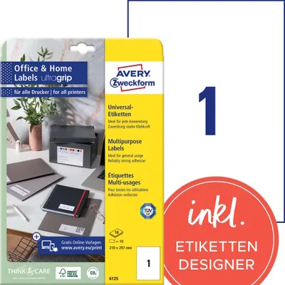 Produktbild von Avery Zweckform 6125 Etiketten, Home Office, Kleinpackung, A4 mit ultragrip,  Adressaufkleber, Versand-Etiketten 210 x 297 mm, weiß