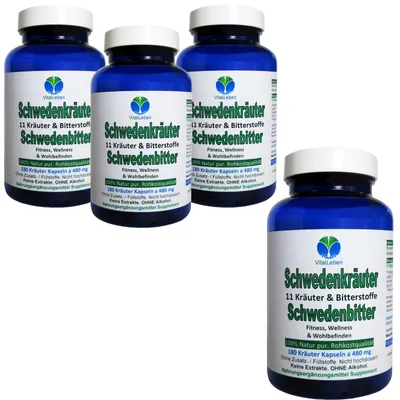 Produktbild von Schwedenkräuter 11 Bitter Kräuter & Bitterstoffe 720 (4x180) Pulver Kapseln NATUR Pur ohne Zusatzstoffe.