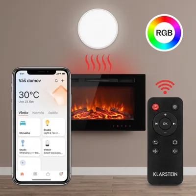 Obrázok produktu pre Klarstein Smart Dekoratívny krb s LED plameňmi, elektrický krb s ohrievačom, 2000W elektrický krb, úsporný elektrický krb, nástenný krb s diaľkovým ovládaním a časovačom, elektrické krby s MDF krytom