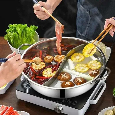 Image de Marmite double de 30 cm en acier inoxydable pour shabu-shabu avec distributeur