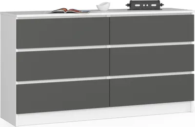 A modern dresser with six drawers in a white and graphite gray finish, shown against a white background.
