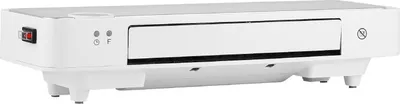 A white ceramic fan heater is shown from a front-side angle on a white background.