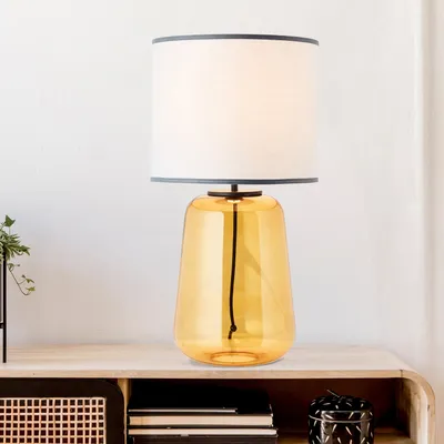 Produktbild von BRILLIANT gelbe Tischlampe mit grauem Stoff-Schirm HYDRA | dekorative Tischleuchte mit Schnurzwischenschalter | 57 cm Höhe Ø 30 cm Durchmesser | E27 Fassung max. 60 W | Glas/Textil | grau/gelb