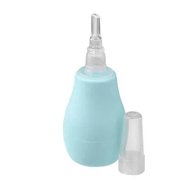 A light blue baby nasal aspirator with a clear cap next to it, isolated on a white background.