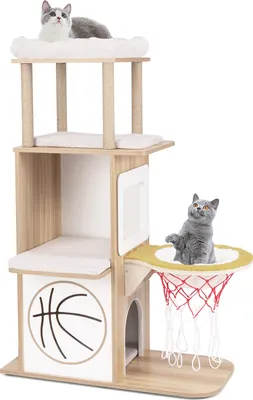 Obrázek produktu pro COSTWAY škrabadlo 120 cm, strom pro kočky s houpací sítí ve stylu basketbalového koše, dvoupatrový domek pro kočky, 2 plošiny a polštáře, dřevěný nábytek pro kočky, příroda