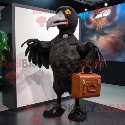 Productafbeelding van Mascottefiguur REDBROKOLY van een zwarte gier gekleed met een mini-jurk en aktetassen
