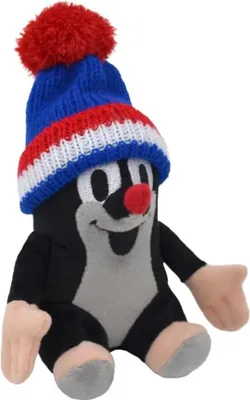 A plush toy mole wearing a knitted hat.