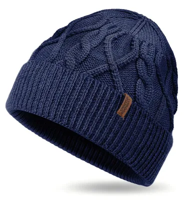 Productafbeelding van Gebreide muts van merinowol, kabelpatroon, marineblauw, dames/heren, beanie, ademend