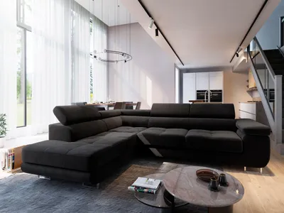 A modern living room with a large sectional sofa, dining area, and kitchen visible.