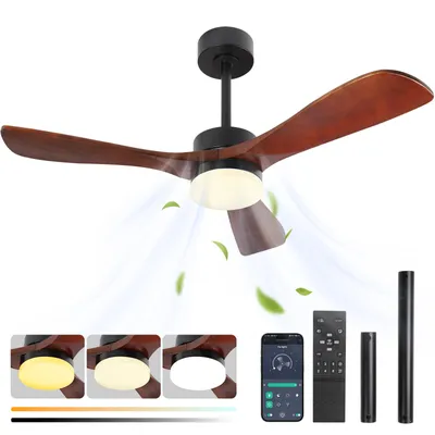 Obrázok produktu pre Stropný ventilátor s priemerom 132 cm, osvetlením, lopatkami z pravého dreva, tichým DC motorom, inteligentnou aplikáciou a diaľkovým ovládaním, 6 rýchlostných stupňov, stmievateľný, 3 farby, do obývačky a spálne