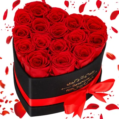 16 ewige Rosen in Herz-Geschenkbox, konserviert, rot