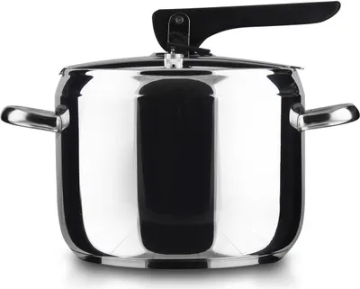 A stainless steel pressure cooker is shown against a white background.