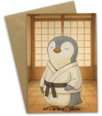 Produktbild von Mr. & Mrs. Panda Grußkarte Pinguin Karate Design - Weiß - Geschenk, Verein, weihnachtskarten, Kampfsportart, Kampfkunst, glückwunschkarten, einladungskarten, babykarte