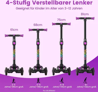 Produktbild von Yoleo Kinder-Roller, Kinder-Roller mit LED-Leuchträdern, Dreirad-Roller, 4 höhenverstellbar, für Jungen und Mädchen im Alter von 3-12 Jahren, bis zu 50 kg aufblasbar