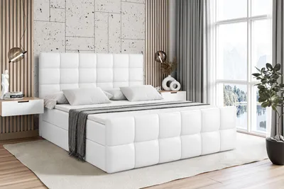 Produktbild von ALTDECOR Boxspringbett mit Matratze und Lattenrost  -  - BRUGO -Z  - 180x200 cm Weiß Kunstleder - Boxbett, Fußteil, Topper, Polsterbett mit Bettkasten, Bett mit Stauraum H4 -Matratze, Doppelbett, Springboxbett