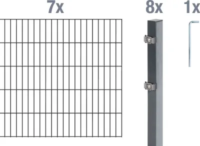 A diagram showing the components of a fence kit, including a fence panel, posts, and an Allen key.