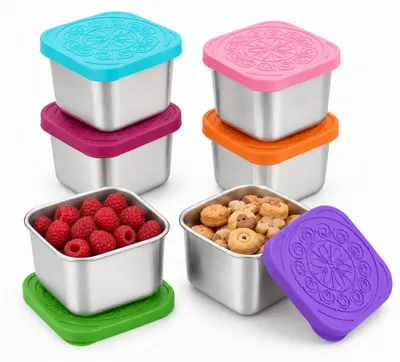 Imagen del producto de Contenedores para snacks de acero inoxidable, 180 ml, juego de 6, con tapas de silicona