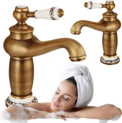 A collage featuring two antique-style faucets and a woman relaxing in a bath.