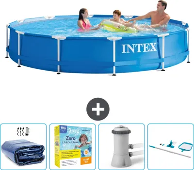 Produktbild von Intex-Schwimmbecken mit rundem Rahmen – 366 x 76 cm – Blau – im Lieferumfang enthalten Sonnensegel - Wartungspaket - Filterpumpe für Schwimmbad - Reinigungskit