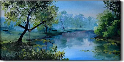 Produktbild von Leinwand Uhr Küche Wohnzimmer Bild 60x30 Malerei Wald Bäume Fluss Landschaft - schwarze Hände