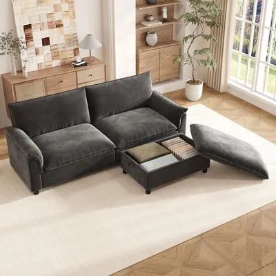 Imagen del producto de Sofá modular de tres plazas con reposapiés ajustable y respaldo alto, diseño de asiento profundo, ideal para salones, color gris