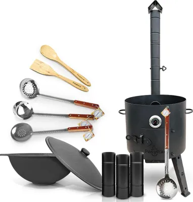 Produktbild von Set - Feuerofen - KasanoFF, 16 Liter, Ø 44 cm + Rohrverlängerung + Thermometer + Gusseisenkasan, flacher Boden, Ø 46,5 cm, 16 l + Schaumlöffel: 3 Stk.