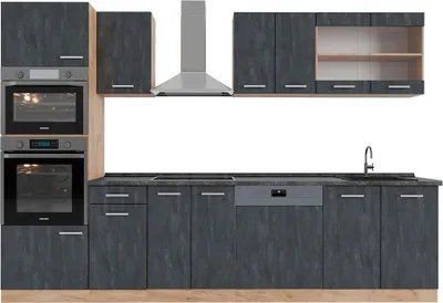 Produktbild von Küchenzeile Vicco R-Line Schwarz Beton/Goldkraft Eiche 300 cm AP Anthrazit, Model 47369