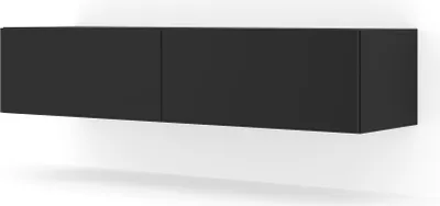 A black, wall-mounted TV cabinet with two doors, shown from a slightly angled front view against a white background.