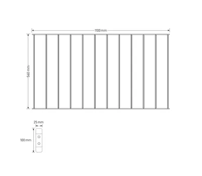 A diagram of a retractable clothes drying rack with dimensions indicated.